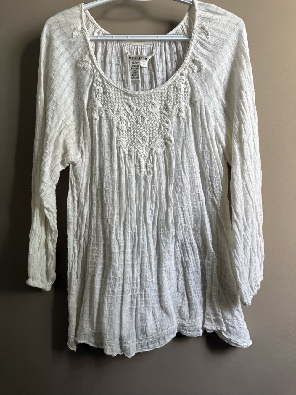 Max Studio White Crochet-Yoke Peasant Tunic Top